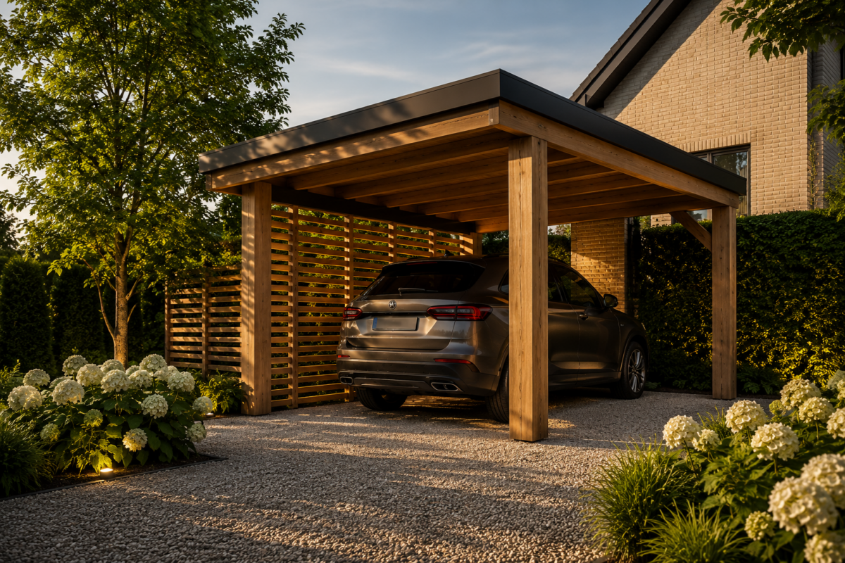 Houten carport op maat naast woning met lamellenwand en parkeerplaats