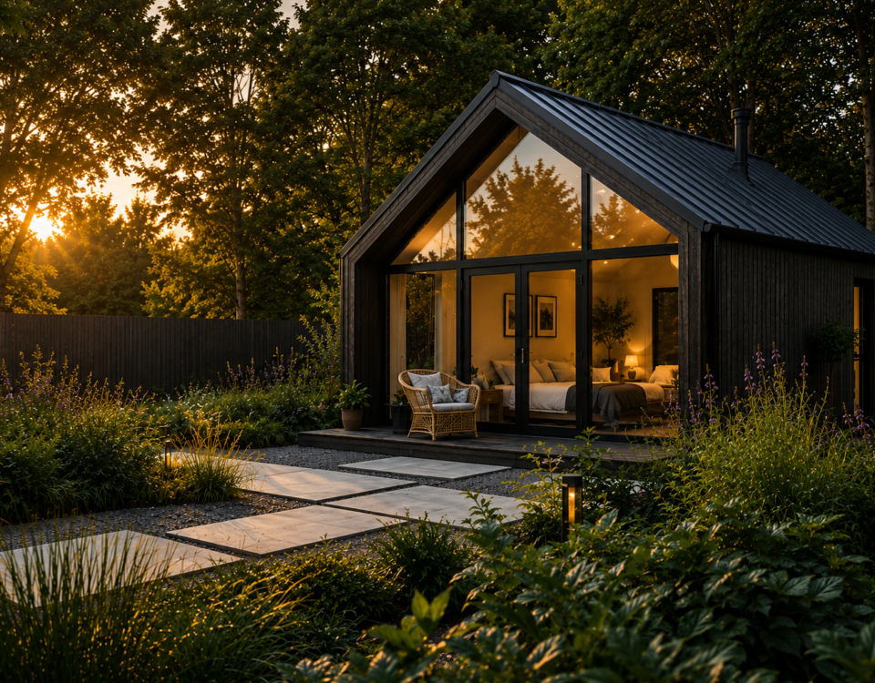 Luxe gastenverblijf op maat met glazen gevel in een groene tuin