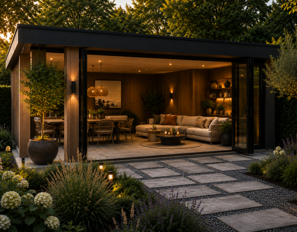 Luxe tuinkamer op maat met glazen wanden en sfeervolle zithoek