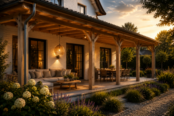 Eikenhouten veranda in landelijke stijl met comfortabel terras