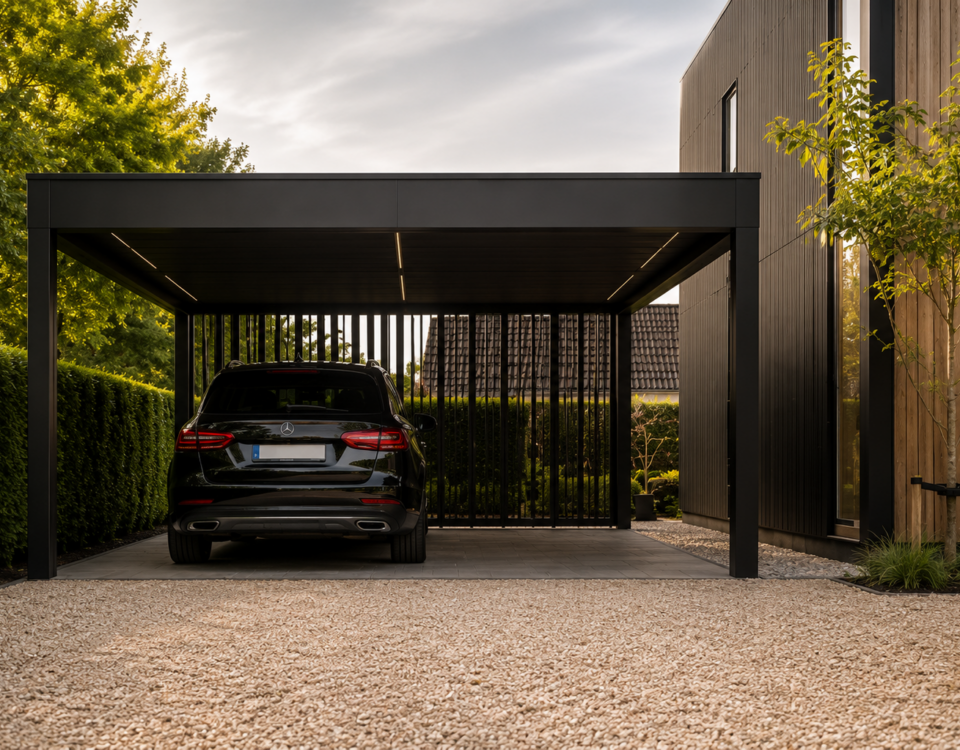 Moderne zwarte carport op maat naast woning met geïntegreerde verlichting