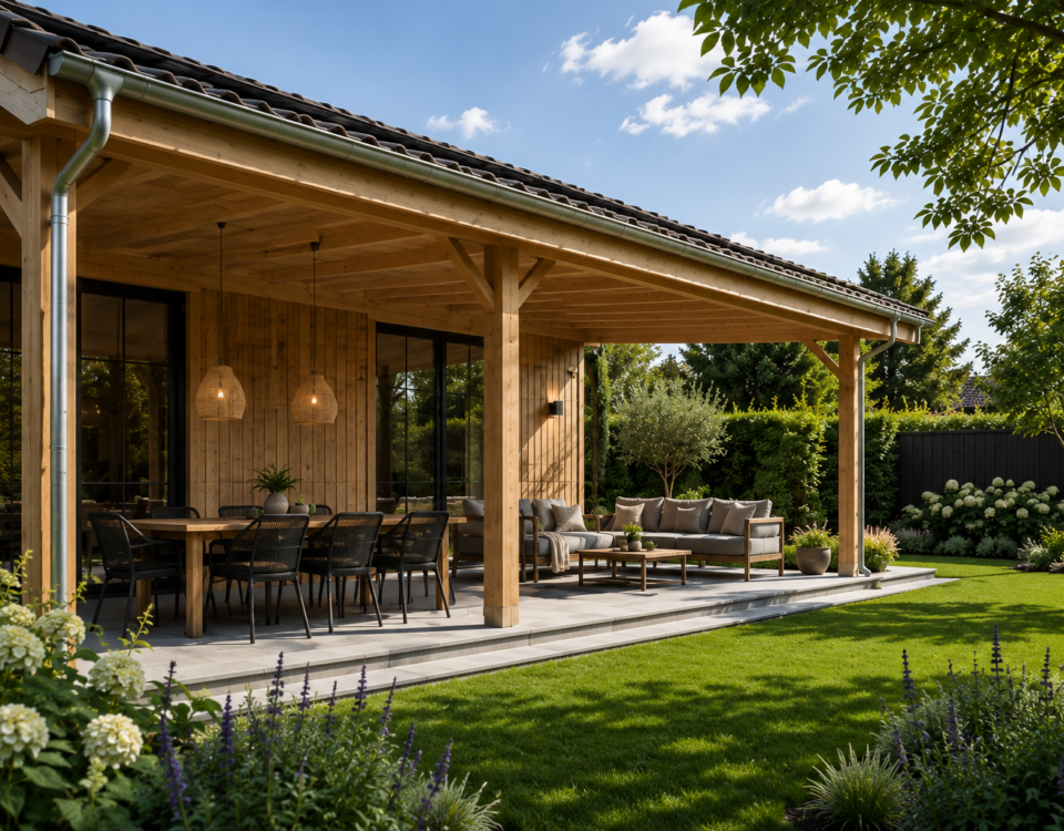 Houten veranda op maat aan huis met eet- en zithoek in de tuin