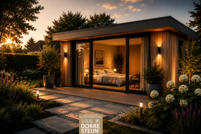 Luxe houten gastenverblijf met slaapkamer in een groene tuin