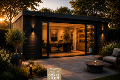 Modern zwart tuinkantoor met glazen pui en werkplek in de tuin