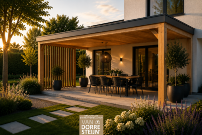 Houten veranda aan huis met eethoek en lamellen in de tuin