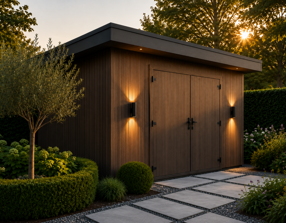 Luxe houten tuinschuur op maat met dubbele deuren in een groene tuin
