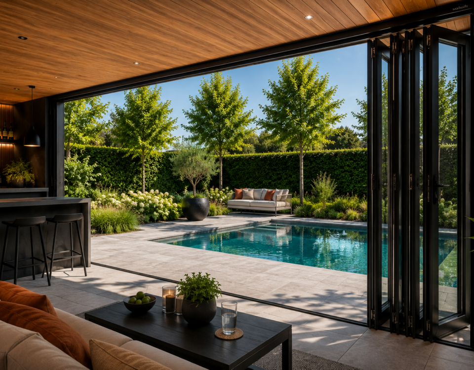 Poolhouse met schuifwand en uitzicht op zwembad van Van Dorresteijn Buitenverblijven