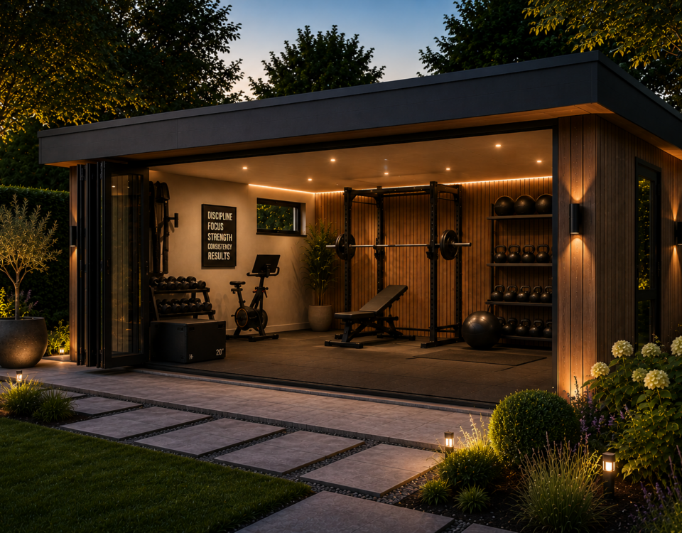 Luxe tuingym op maat met fitnessapparatuur in een moderne tuin