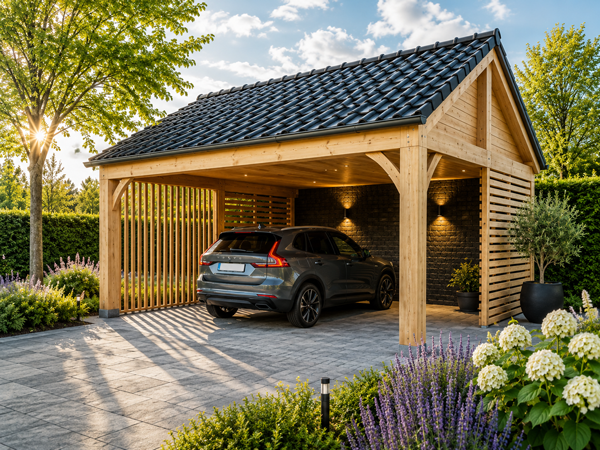 Houten carport op maat met zadeldak en zijwanden voor beschut parkeren