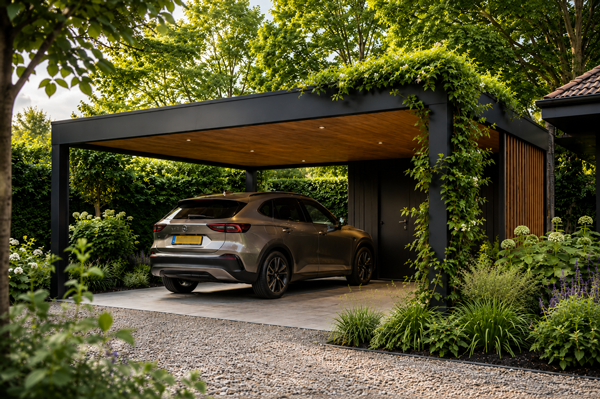 Carport met beplanting en groene klimplanten geïntegreerd in de tuin