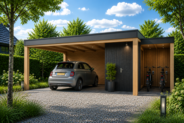 Carport met e-bike stalling en aparte ruimte voor elektrische fietsen