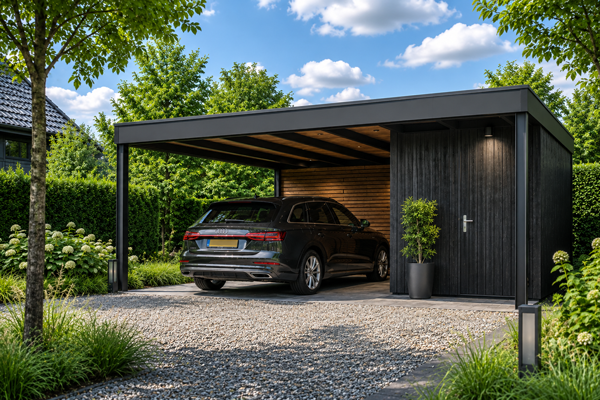 Moderne carport op maat met geïntegreerde berging en houten achterwand