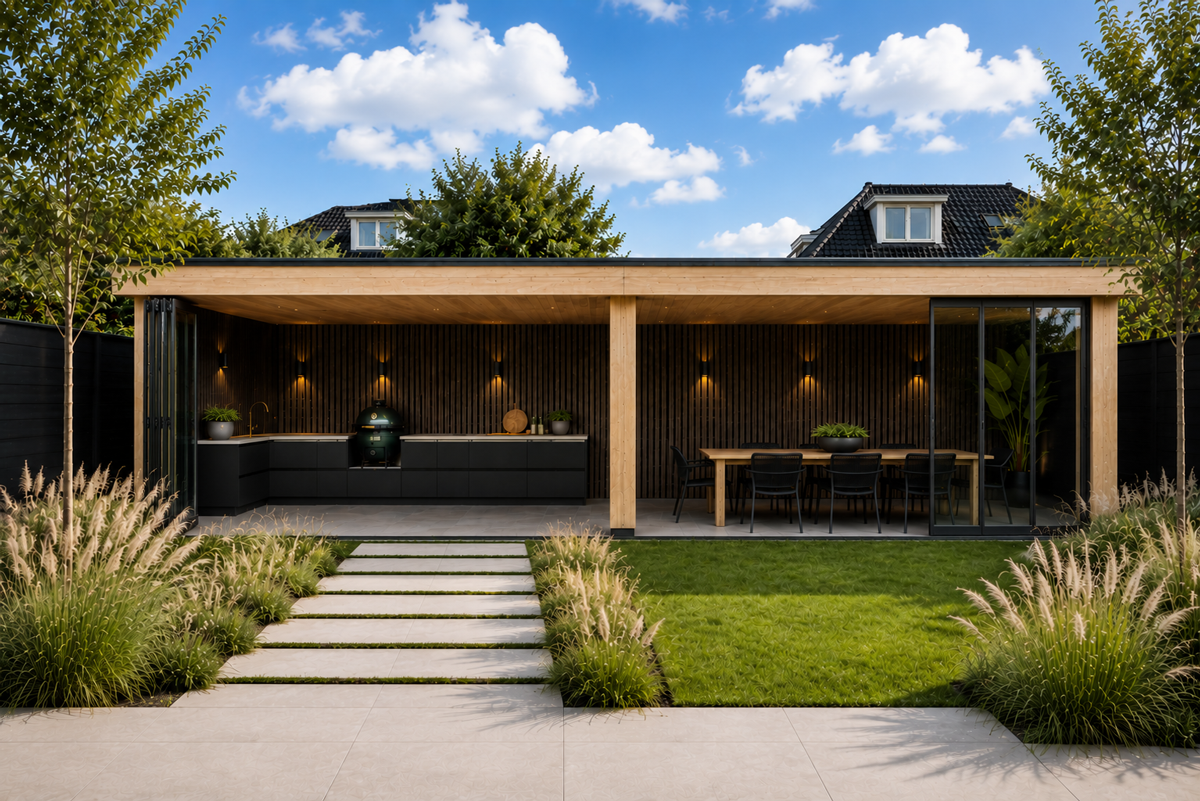 Luxe houten overkapping met buitenkeuken van Van Dorresteijn Buitenverblijven