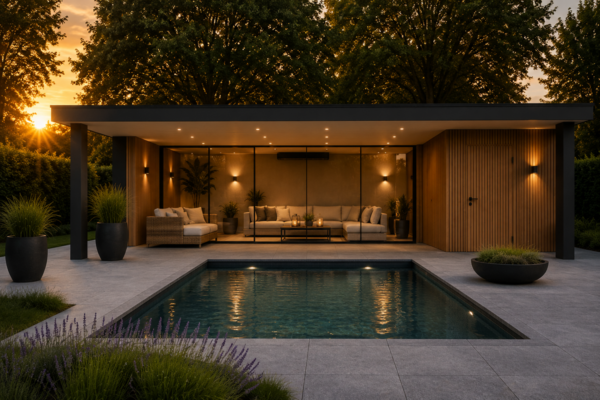 Luxe poolhouse met zwembad en overdekte lounge in de tuin