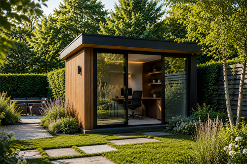Modern tuinkantoor op maat in de tuin van Van Dorresteijn Buitenverblijven