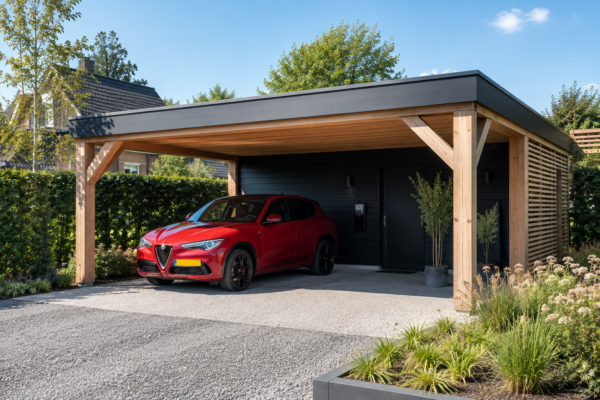 Moderne houten carport met lamellen wand en rode SUV op een oprit van grind