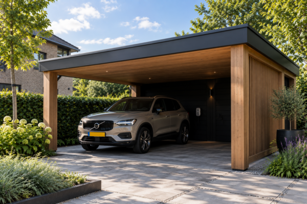Luxe houten carport met lamellen zijwand en creme kleurige auto op bestrating