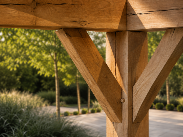 Detail van ambachtelijke houten penverbinding in een maatwerk buitenverblijf
