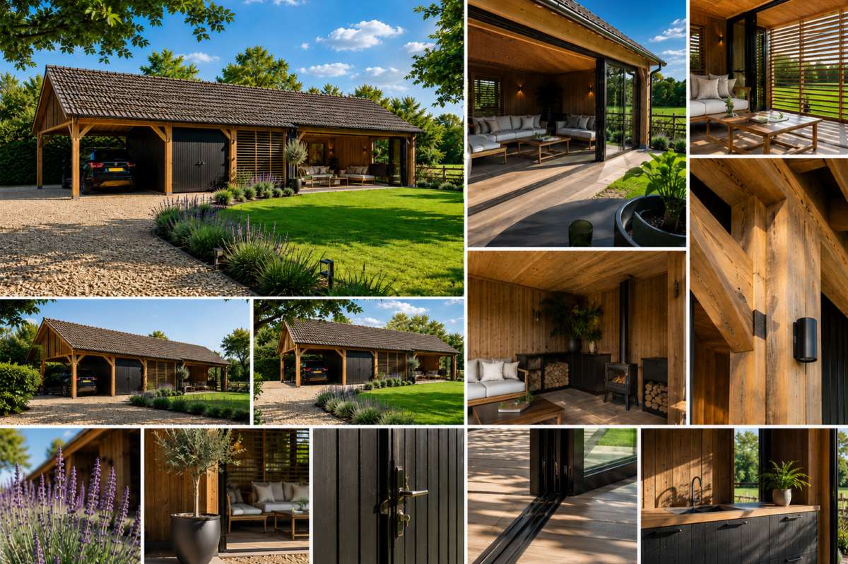 Collage van een luxe eikenhouten carport met berging, houten lamellenwand, buitenkeuken en zen loungeterras