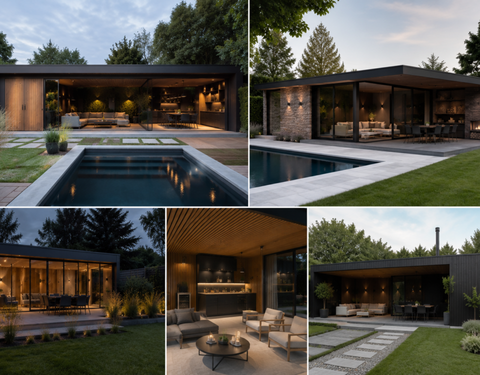 Compilatie van luxe houten poolhouses met zwembad, ingebouwde wellness en verlichte zen loungesets in de avond