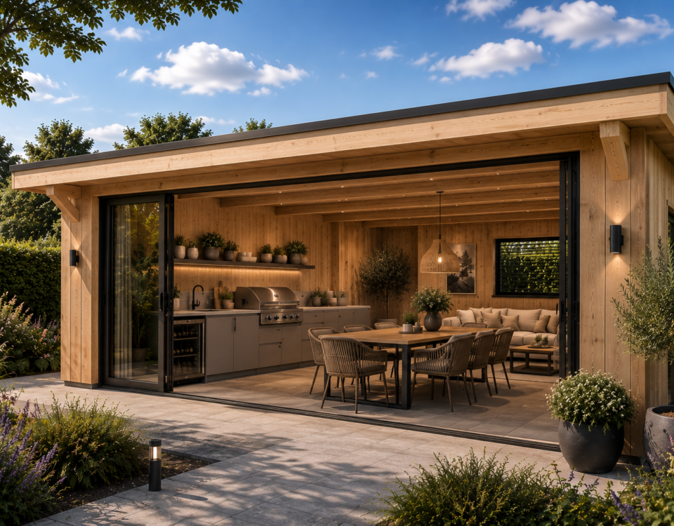 Luxe eikenhouten tuinkamer met buitenkeuken, eettafel en grote glazen schuifwand in de tuin