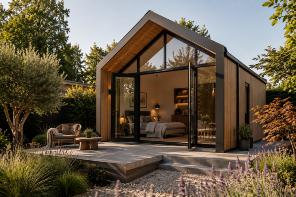 Luxe houten gastenverblijf in Soest met grote glazen pui en terras