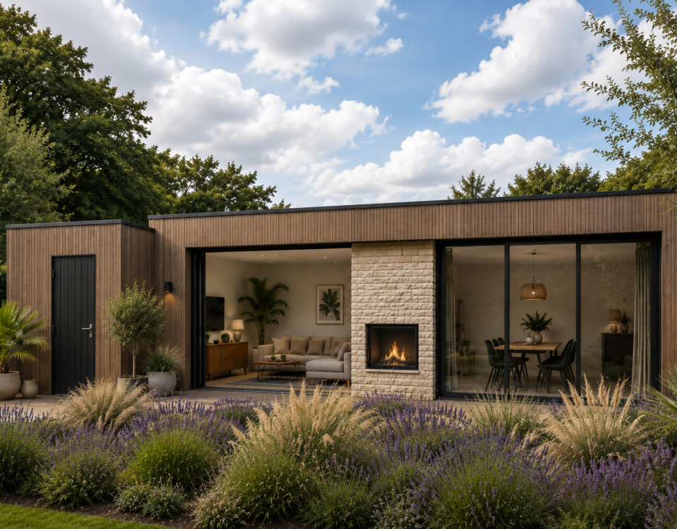 Modern houten gastenverblijf met een stenen doorkijkhaard en grote glazen schuifwanden in de tuin