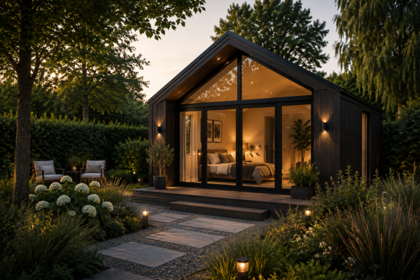 Modern zwart gastenverblijf met glazen pui en slaapkamer in groene tuin