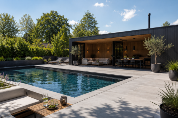 Modern zwart poolhouse van hout met een glazen vouwwand, zen loungehoek en groot design zwembad