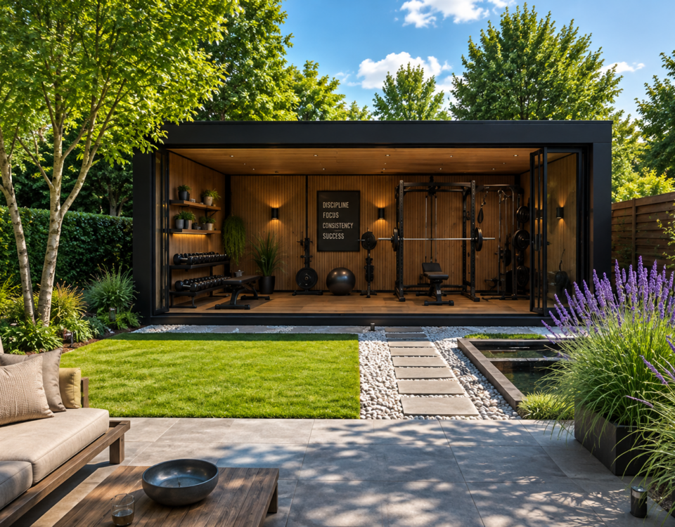 Luxe thuisgym met professionele fitnessapparatuur, glazen schuifwand en een loungeterras met zen uitstraling