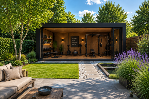 Luxe thuisgym met professionele fitnessapparatuur, glazen schuifwand en een loungeterras met zen uitstraling