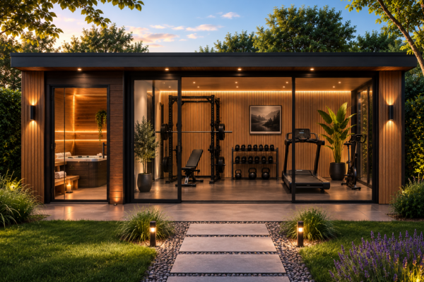 Verlicht modern buitenverblijf ingericht als luxe thuisgym met loopband, krachtstation en ingebouwd bubbelbad
