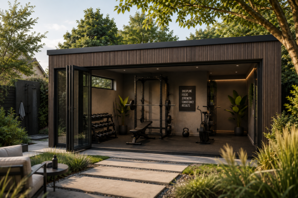 Luxe thuisgym met donker houten interieur, volledig openslaande vouwwand en professionele fitnessapparatuur