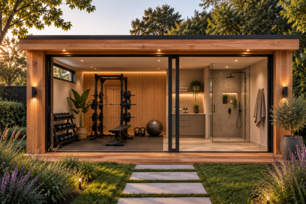 Modern houten buitenverblijf ingericht als luxe thuisgym met een inloopdouche en glazen schuifwand