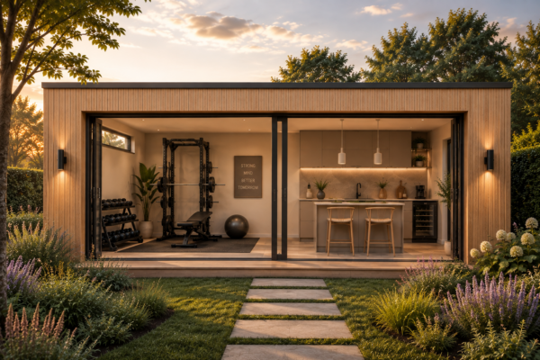 Luxe thuisgym met moderne keuken, bar en glazen schuifwand in een houten buitenverblijf