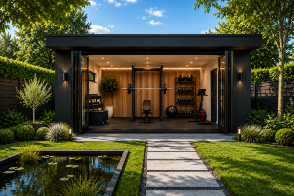 Luxe tuingym met fitnessapparatuur en vijver in de tuin