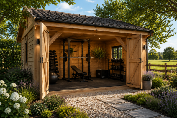 Luxe thuisgym in landelijke houten schuur met openslaande deuren, fitnessapparatuur en zen uitzicht over de weide