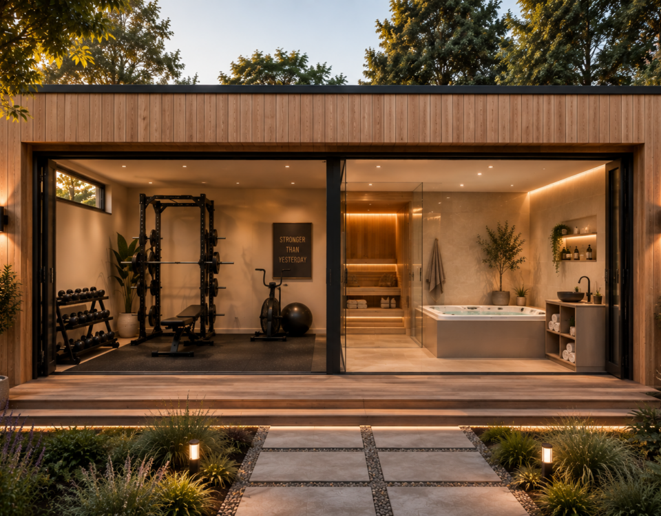 Luxe thuisgym en complete wellnessruimte met jacuzzi, sauna en fitnessapparatuur in houten buitenverblijf