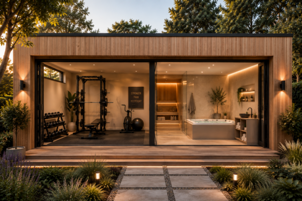 Luxe thuisgym en complete wellnessruimte met jacuzzi, sauna en fitnessapparatuur in houten buitenverblijf