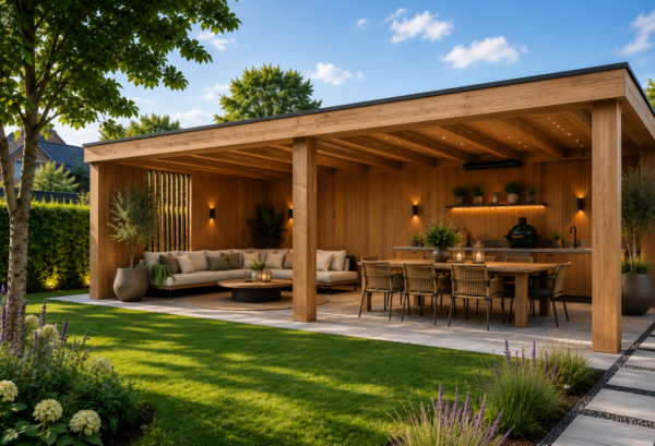 Luxe houten overkapping van eikenhout met een complete buitenkeuken, eettafel, sfeervolle zen loungehoek en hortensia's