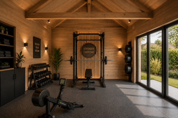 Thuisgym met douglashouten afwerking en professionele fitnessapparatuur