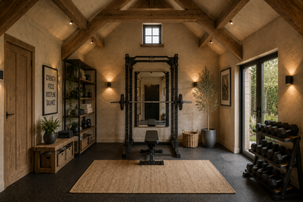 Luxe thuisgym met eikenhouten balken en fitnessapparatuur