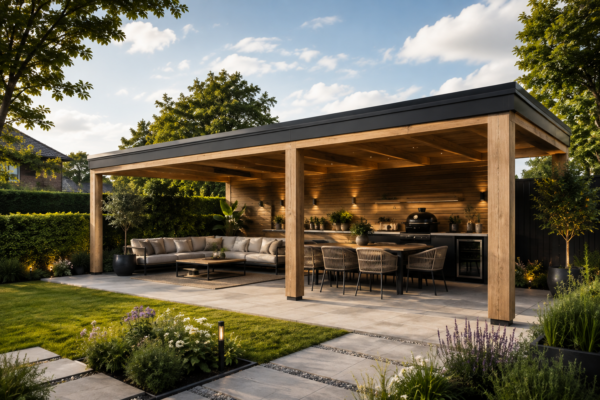 Klassieke eikenhouten overkapping met luxe buitenkeuken, kamado barbecue, zen loungeterras en grote eettafel