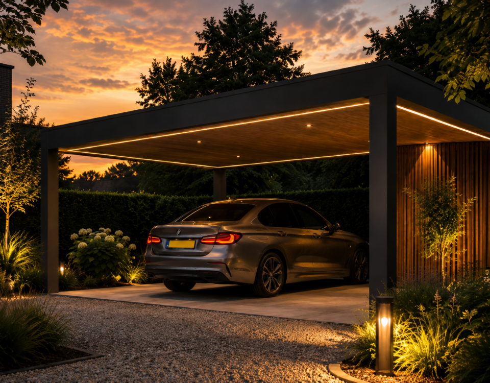 Luxe zwarte carport met geïntegreerde LED-strip verlichting, oprit van grind en zen tuinarchitectuur bij zonsondergang