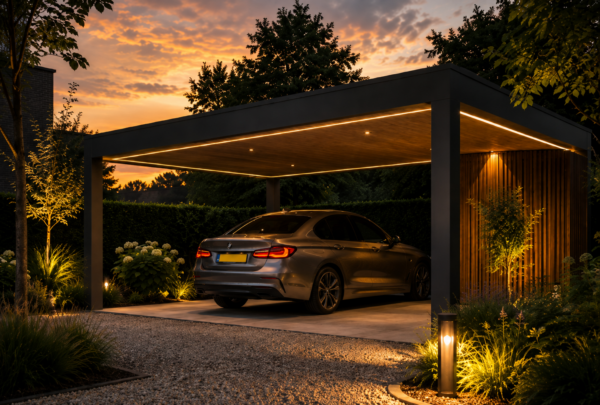 Luxe zwarte carport met geïntegreerde LED-strip verlichting, oprit van grind en zen tuinarchitectuur bij zonsondergang