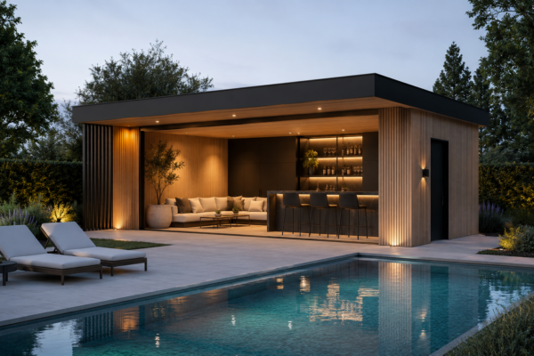 Luxe poolhouse van hout met verlichte buitenbar en loungehoek aan het zwembad