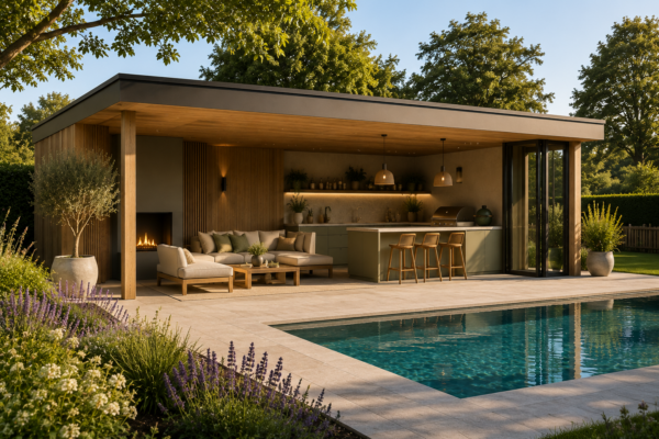 Luxe houten poolhouse met buitenkeuken en zwembad