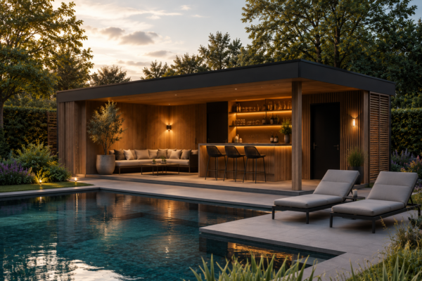 Modern houten poolhouse met buitenbar en sfeervolle loungehoek aan een verlicht zwembad