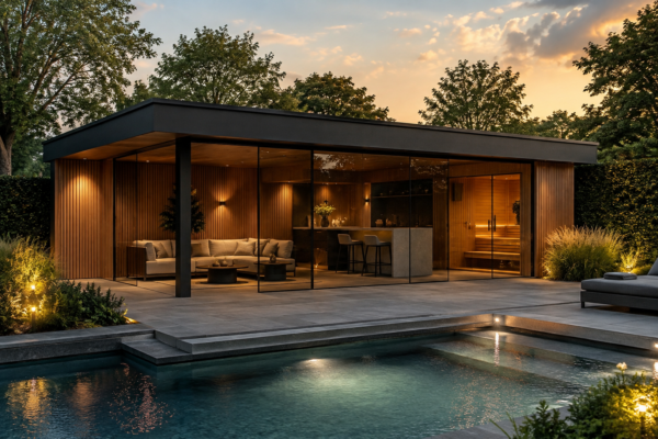 Modern houten poolhouse met glazen wand en zwembad