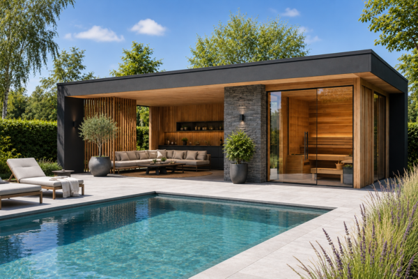 Modern houten poolhouse met sauna en zwembad